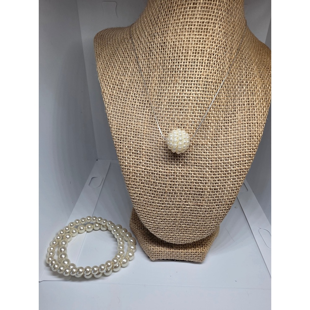 Pearl Necklace Bracelet Set Faux Pearl Ball Pendant Jewelry Set Women - Picture 1 of 3
